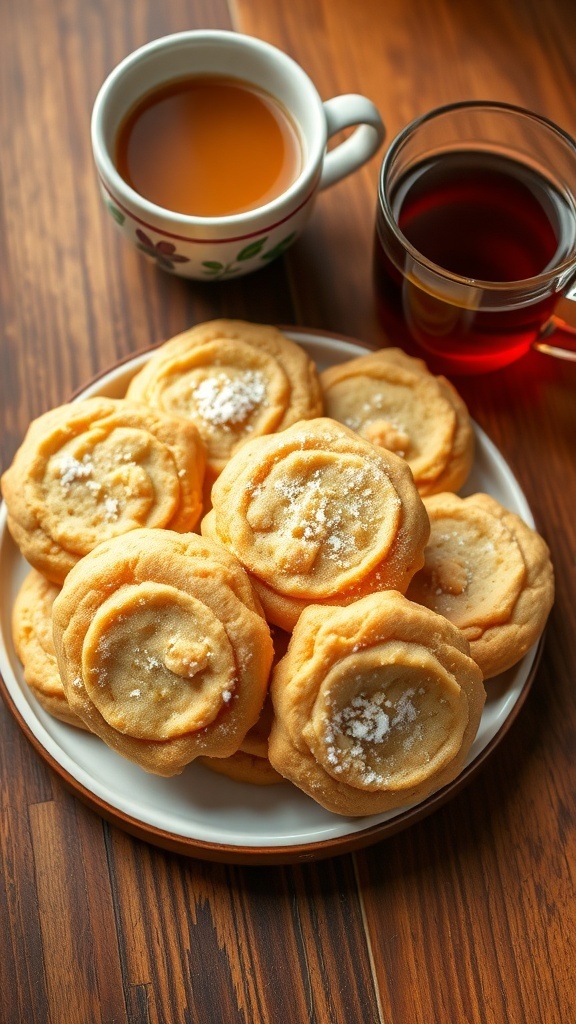 A plate of golden butter cookies dusted with powdered sugar, next to a cup of tea on a wooden table.